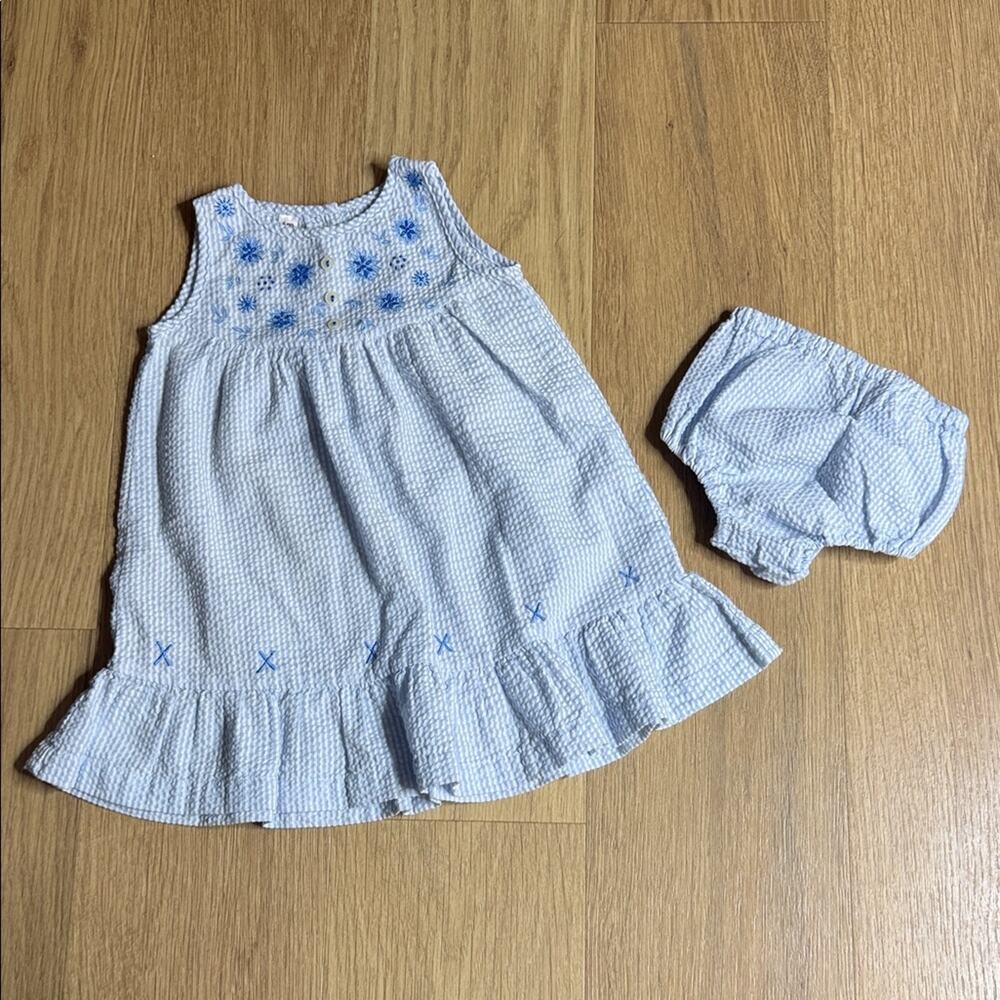 Blue and White Sleeveless Baby Dress with Bloomers Set Size 6 Months